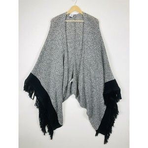 Cabi Black‎ White Heather Fringe Trim Knit Shawl Wrap Sweater Womens One Size